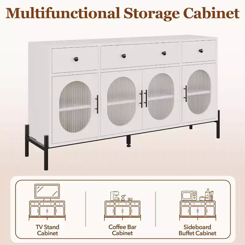 Aparador moderno de 62" con almacenamiento, 3 cajones y 4 puertas de vidrio estriado, consola de madera para cocina, comedor, barra de café