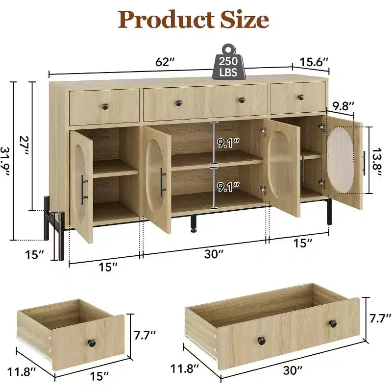 Aparador moderno de 62" con almacenamiento, 3 cajones y 4 puertas de vidrio estriado, consola de madera para cocina, comedor, barra de café