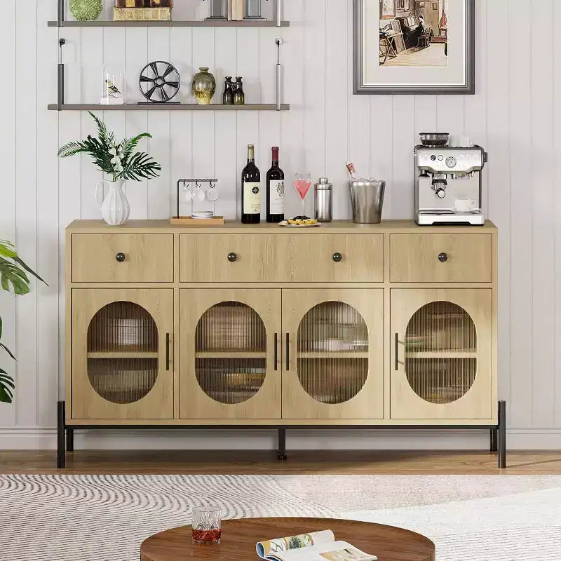Aparador moderno de 62" con almacenamiento, 3 cajones y 4 puertas de vidrio estriado, consola de madera para cocina, comedor, barra de café