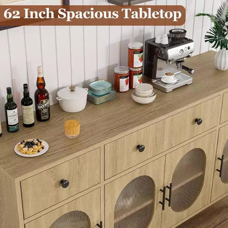 Aparador moderno de 62" con almacenamiento, 3 cajones y 4 puertas de vidrio estriado, consola de madera para cocina, comedor, barra de café