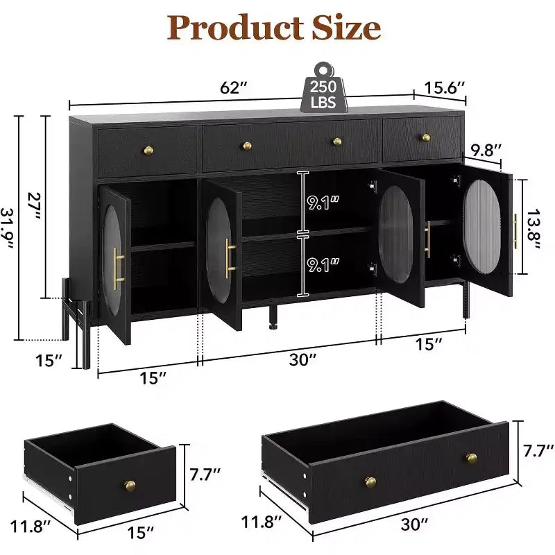 Aparador moderno de 62" con almacenamiento, 3 cajones y 4 puertas de vidrio estriado, consola de madera para cocina, comedor, barra de café