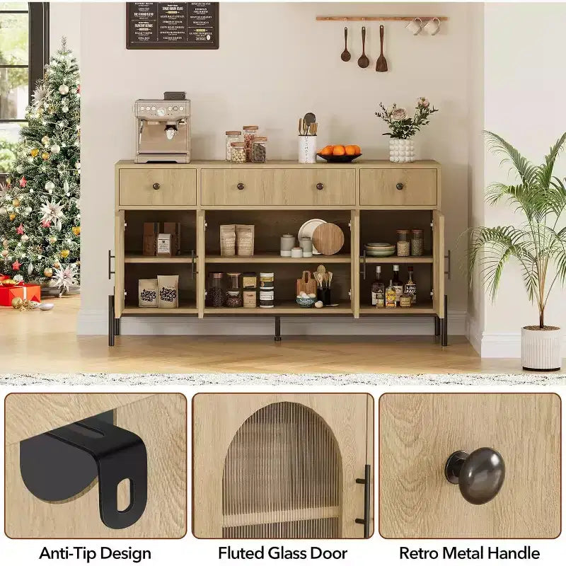 Aparador moderno de 62" con almacenamiento, 3 cajones y 4 puertas de vidrio estriado, consola de madera para cocina, comedor, barra de café