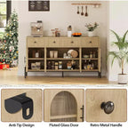 Aparador moderno de 62" con almacenamiento, 3 cajones y 4 puertas de vidrio estriado, consola de madera para cocina, comedor, barra de café