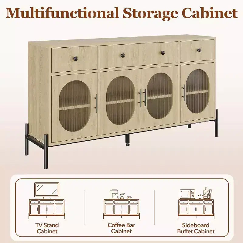 Aparador moderno de 62" con almacenamiento, 3 cajones y 4 puertas de vidrio estriado, consola de madera para cocina, comedor, barra de café