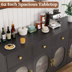 Aparador moderno de 62" con almacenamiento, 3 cajones y 4 puertas de vidrio estriado, consola de madera para cocina, comedor, barra de café