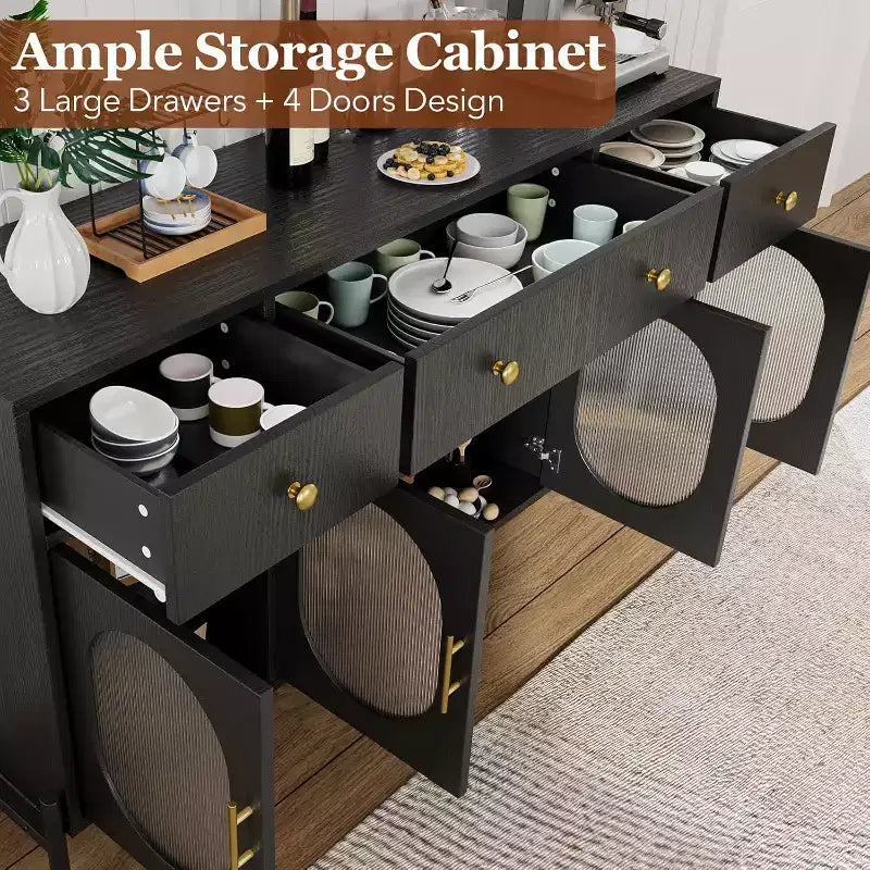 Aparador moderno de 62" con almacenamiento, 3 cajones y 4 puertas de vidrio estriado, consola de madera para cocina, comedor, barra de café