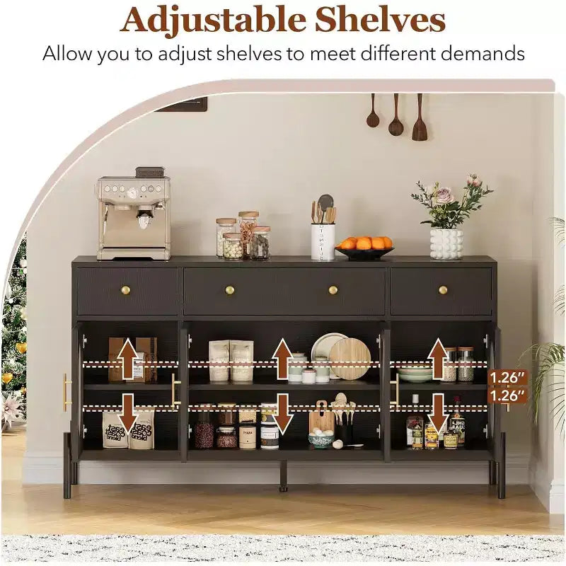 Aparador moderno de 62" con almacenamiento, 3 cajones y 4 puertas de vidrio estriado, consola de madera para cocina, comedor, barra de café