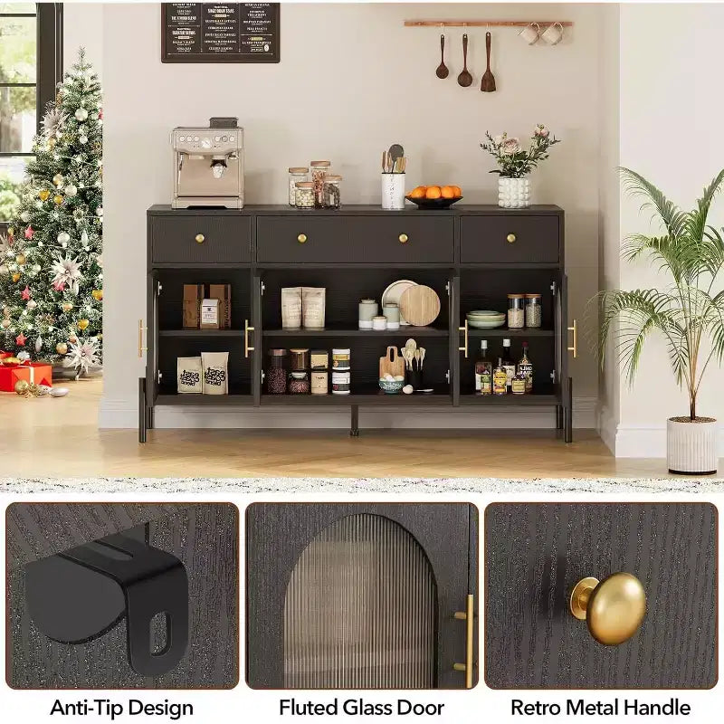 Aparador moderno de 62" con almacenamiento, 3 cajones y 4 puertas de vidrio estriado, consola de madera para cocina, comedor, barra de café