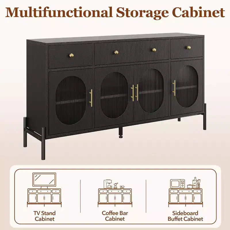 Aparador moderno de 62" con almacenamiento, 3 cajones y 4 puertas de vidrio estriado, consola de madera para cocina, comedor, barra de café