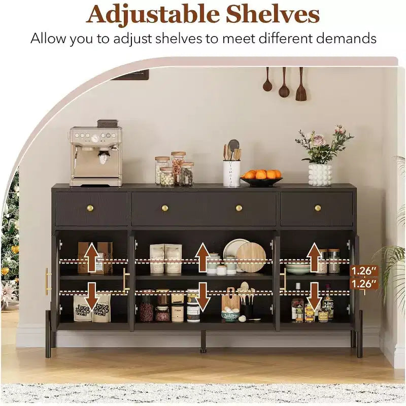Aparador moderno de 62" con almacenamiento, 3 cajones y 4 puertas de vidrio estriado, consola de madera para cocina, comedor, barra de café