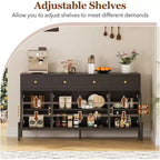 Aparador moderno de 62" con almacenamiento, 3 cajones y 4 puertas de vidrio estriado, consola de madera para cocina, comedor, barra de café