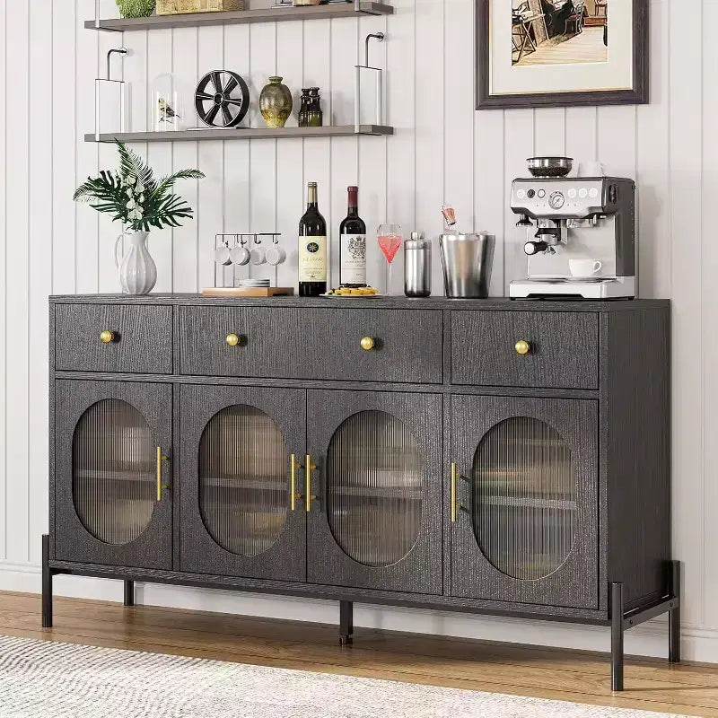 62 Modern Buffet Cabinet with Storage, 3 Drawers & 4 Fluted Glass Doors, Wooden Sideboard Console Table for Kitchen, Dining Room, Coffee Bar