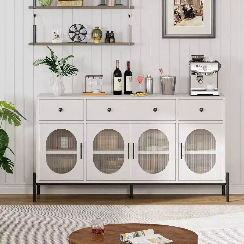 Aparador moderno de 62" con almacenamiento, 3 cajones y 4 puertas de vidrio estriado, consola de madera para cocina, comedor, barra de café