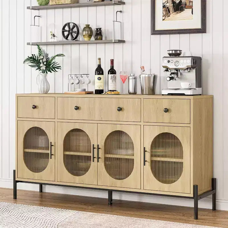 Aparador moderno de 62" con almacenamiento, 3 cajones y 4 puertas de vidrio estriado, consola de madera para cocina, comedor, barra de café