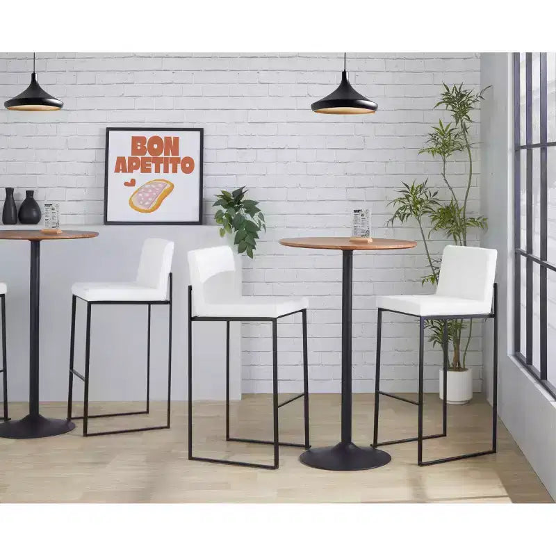 Taburetes Fuji con respaldo alto de acero negro/PU blanco