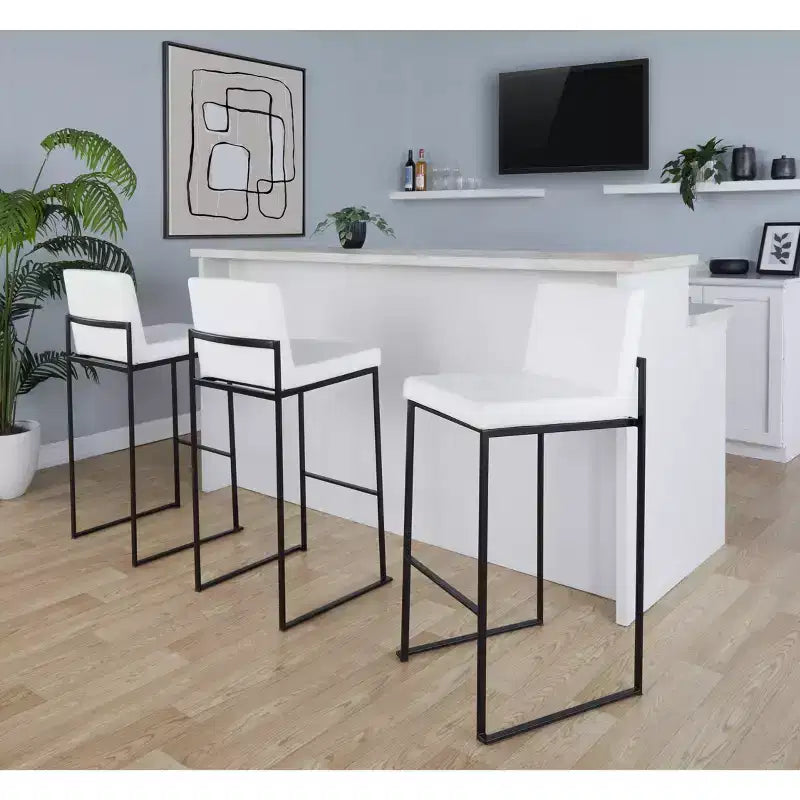 Taburetes Fuji con respaldo alto de acero negro/PU blanco