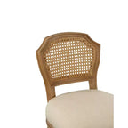 Taburete alto Wilbrandt de roble: tapizado de lino, ribete con clavos decorativos, patas talladas