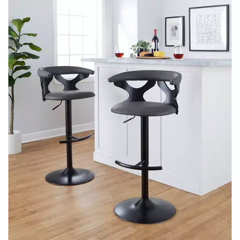 Taburetes de bar ajustables Gardenia Madera negra/Metal negro/PU gris
