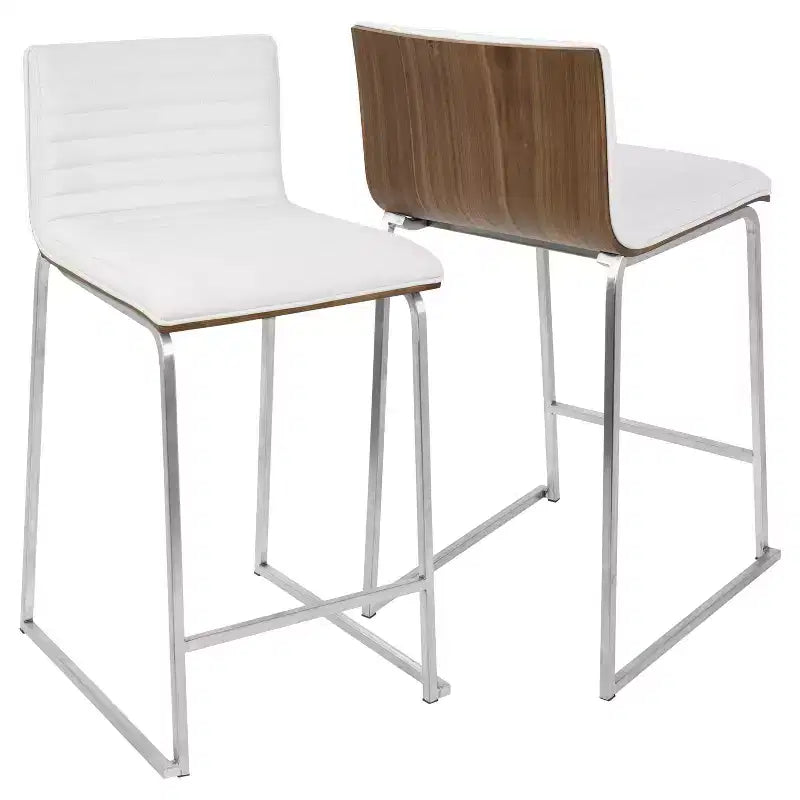 Taburete de barra Mara contemporáneo de 26" de altura de mostrador blanco: piel sintética, respaldo de madera, patas de acero