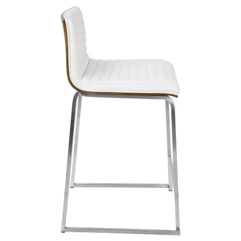 Taburete de barra Mara contemporáneo de 26" de altura de mostrador blanco: piel sintética, respaldo de madera, patas de acero