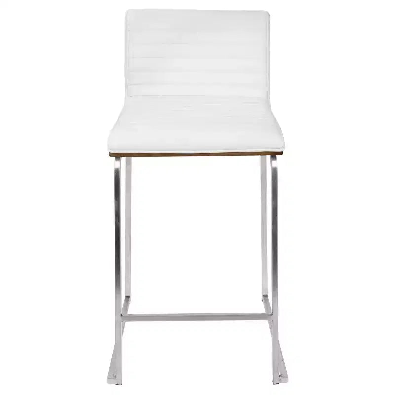 Taburete de barra Mara contemporáneo de 26" de altura de mostrador blanco: piel sintética, respaldo de madera, patas de acero
