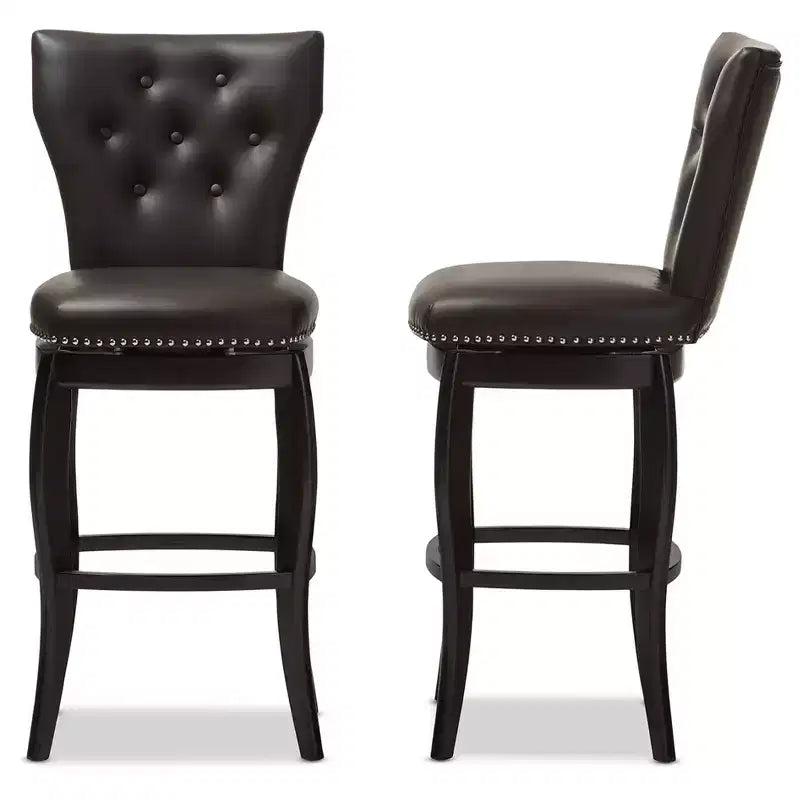 Baxton Studio 29" Leonice Faux Leather Upholstered Button Tufted Swivel Barstool Dark Brown: Rubberwood Frame, Padded Back
