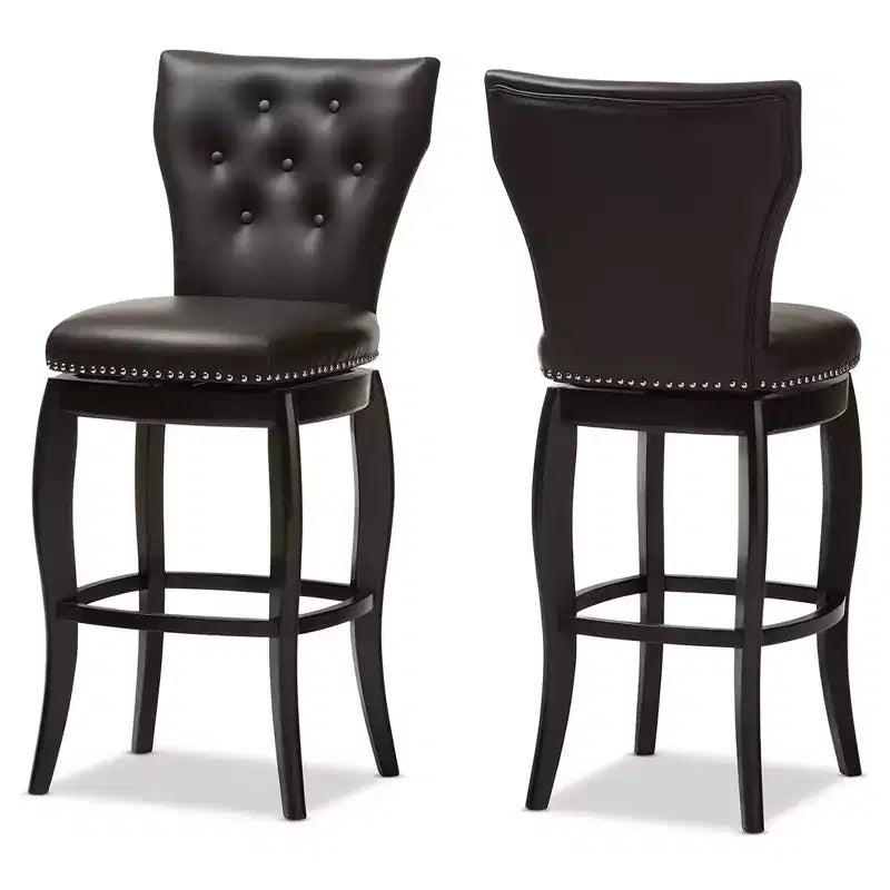 Taburete de bar giratorio tapizado en piel sintética Leonice de 29" con botones, marrón oscuro: estructura de madera de caucho, respaldo acolchado