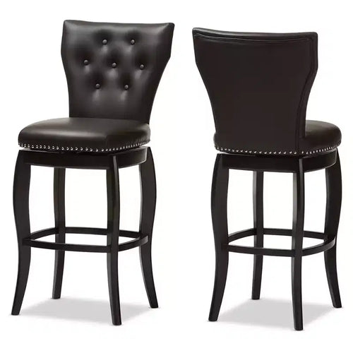Taburete de bar giratorio tapizado en piel sintética Leonice de 29" con botones, marrón oscuro: estructura de madera de caucho, respaldo acolchado