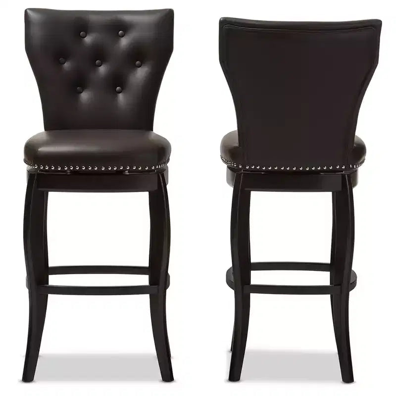 Taburete de bar giratorio tapizado en piel sintética Leonice de 29" con botones, marrón oscuro: estructura de madera de caucho, respaldo acolchado