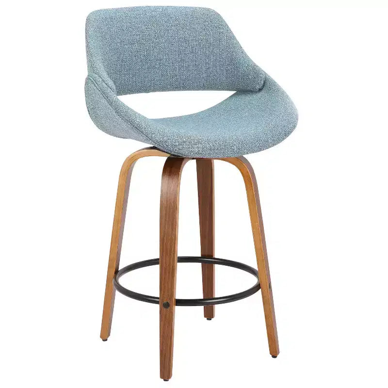 Taburete de bar Fabrico Mid Century Modern de altura de mostrador Nogal/Azul: Giratorio, Tapicería de poliéster, Patas de madera