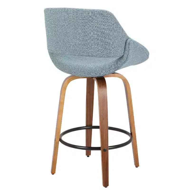 Taburete de bar Fabrico Mid Century Modern de altura de mostrador Nogal/Azul: Giratorio, Tapicería de poliéster, Patas de madera