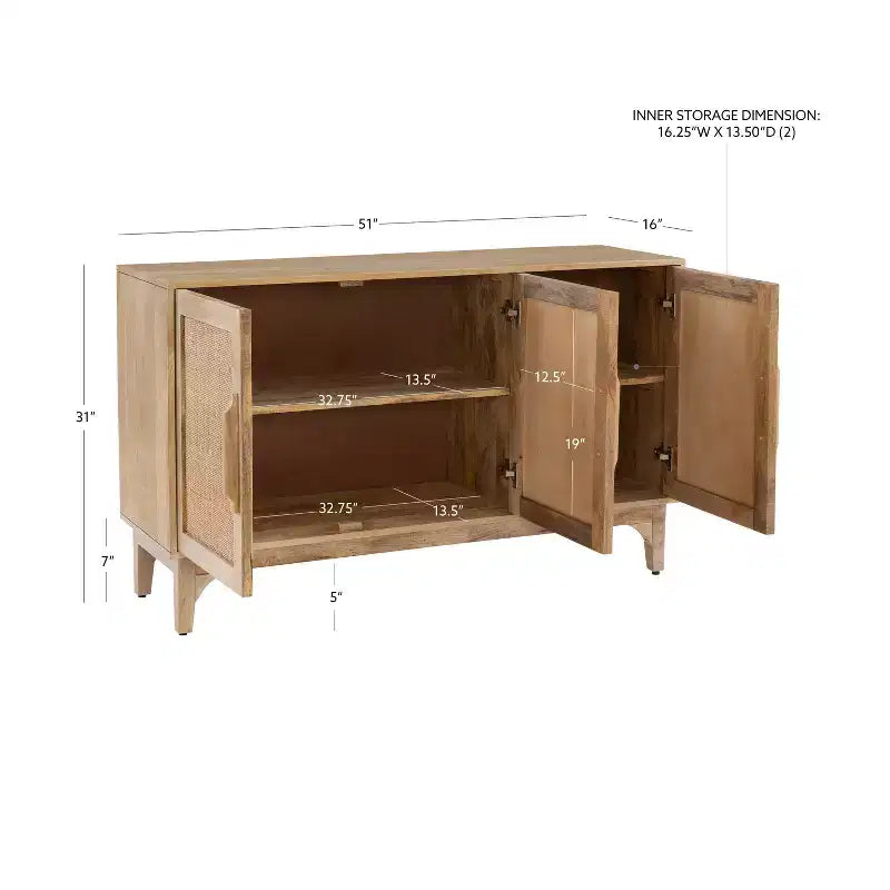 Mueble de caña Gordon de 3 puertas, color natural