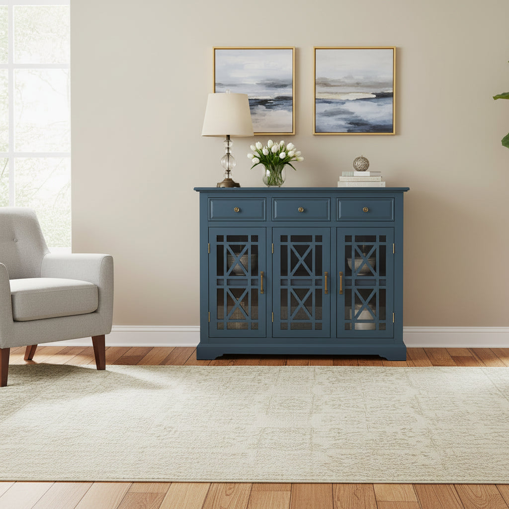Stylecraft Archer Ridge Sideboard Dark Blue: Nautical Coastal Beach Style, Glass Doors, Fixed Shelves, No Assembly Required