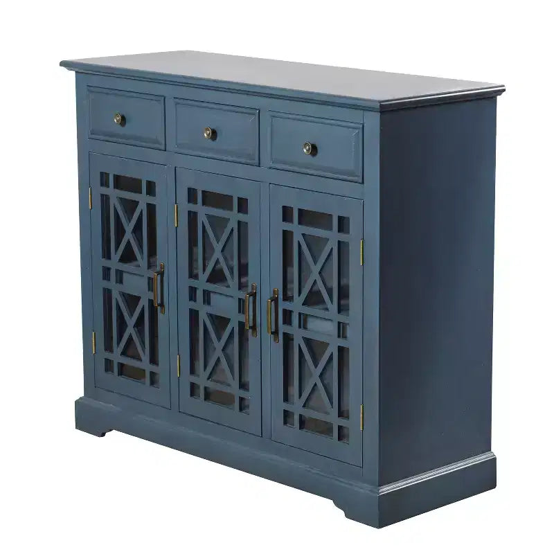 Aparador Archer Ridge Azul Oscuro: Estilo Náutico Costero de Playa, Puertas de Cristal, Estantes Fijos, No Requiere Montaje