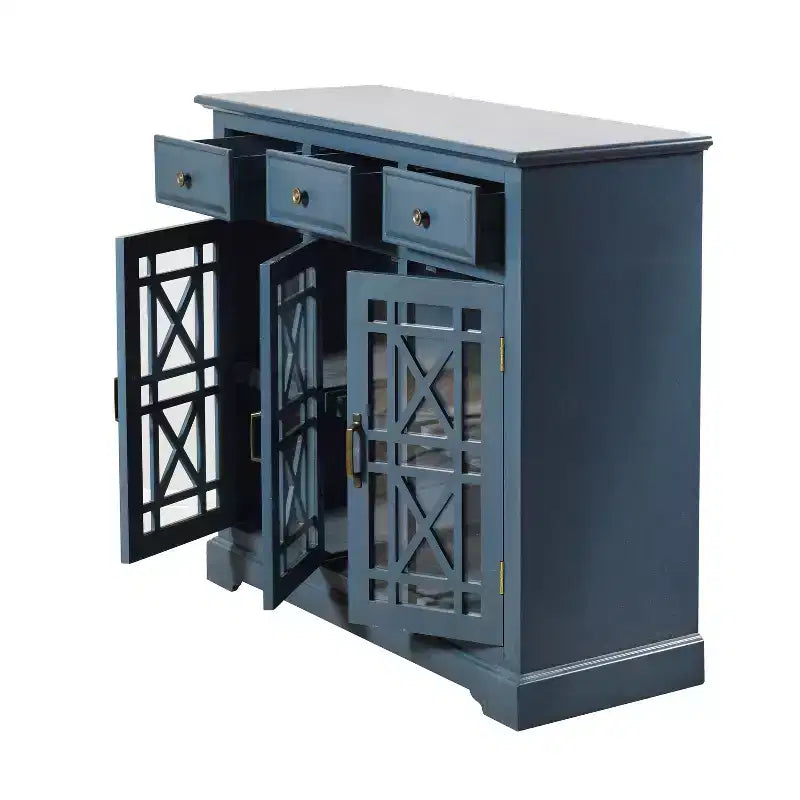 Aparador Archer Ridge Azul Oscuro: Estilo Náutico Costero de Playa, Puertas de Cristal, Estantes Fijos, No Requiere Montaje