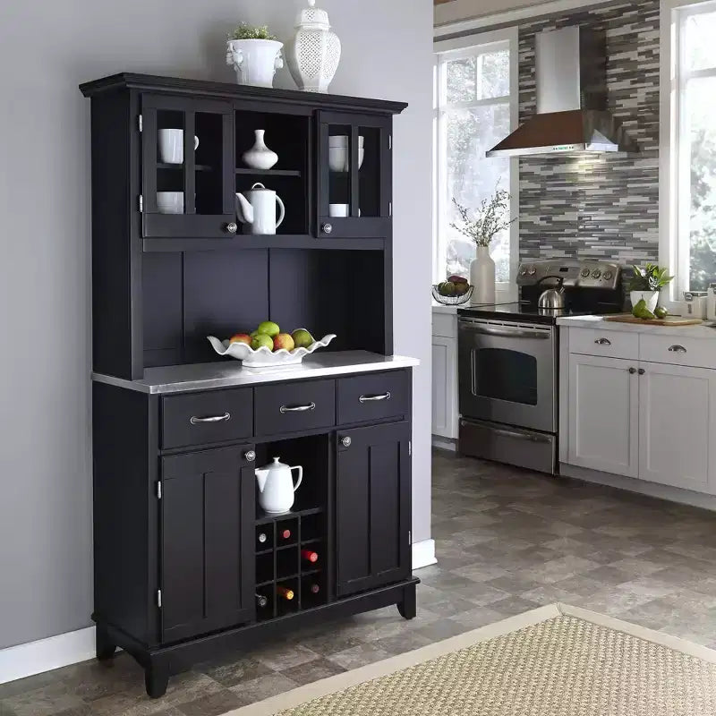 Aparadores tipo bufé de 72.25" con cubierta de acero inoxidable y vitrina (negro)